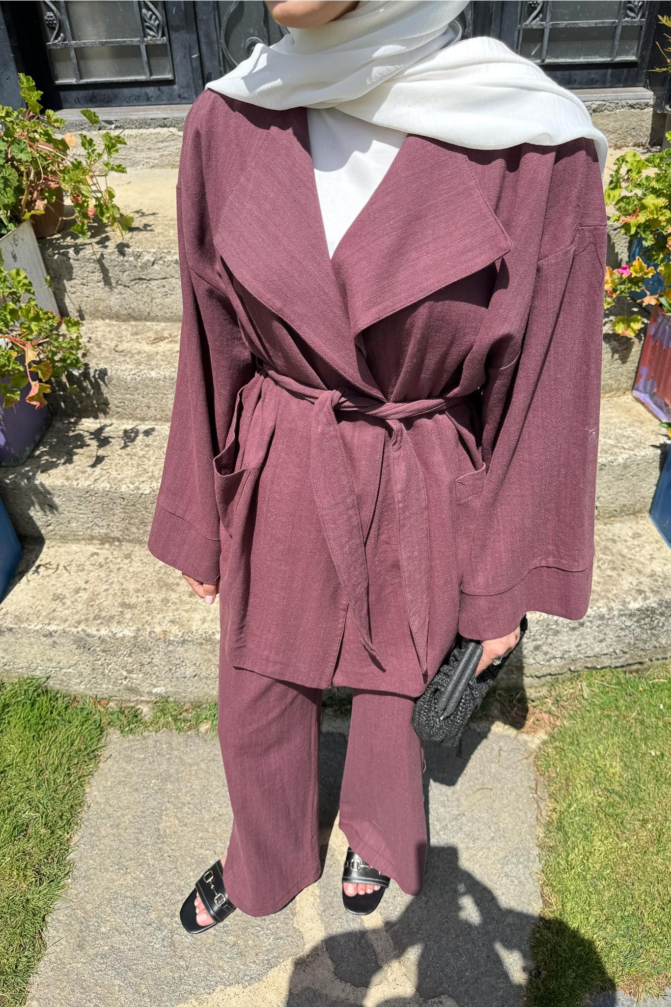 Kuşaklı Ceket Takım Mürdüm