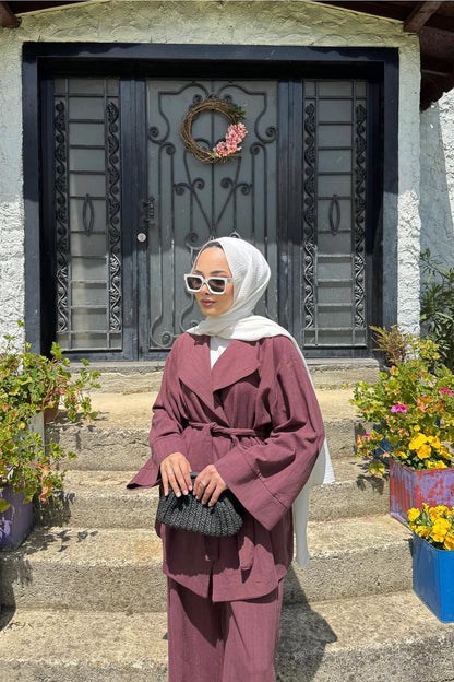 Kuşaklı Ceket Takım Mürdüm