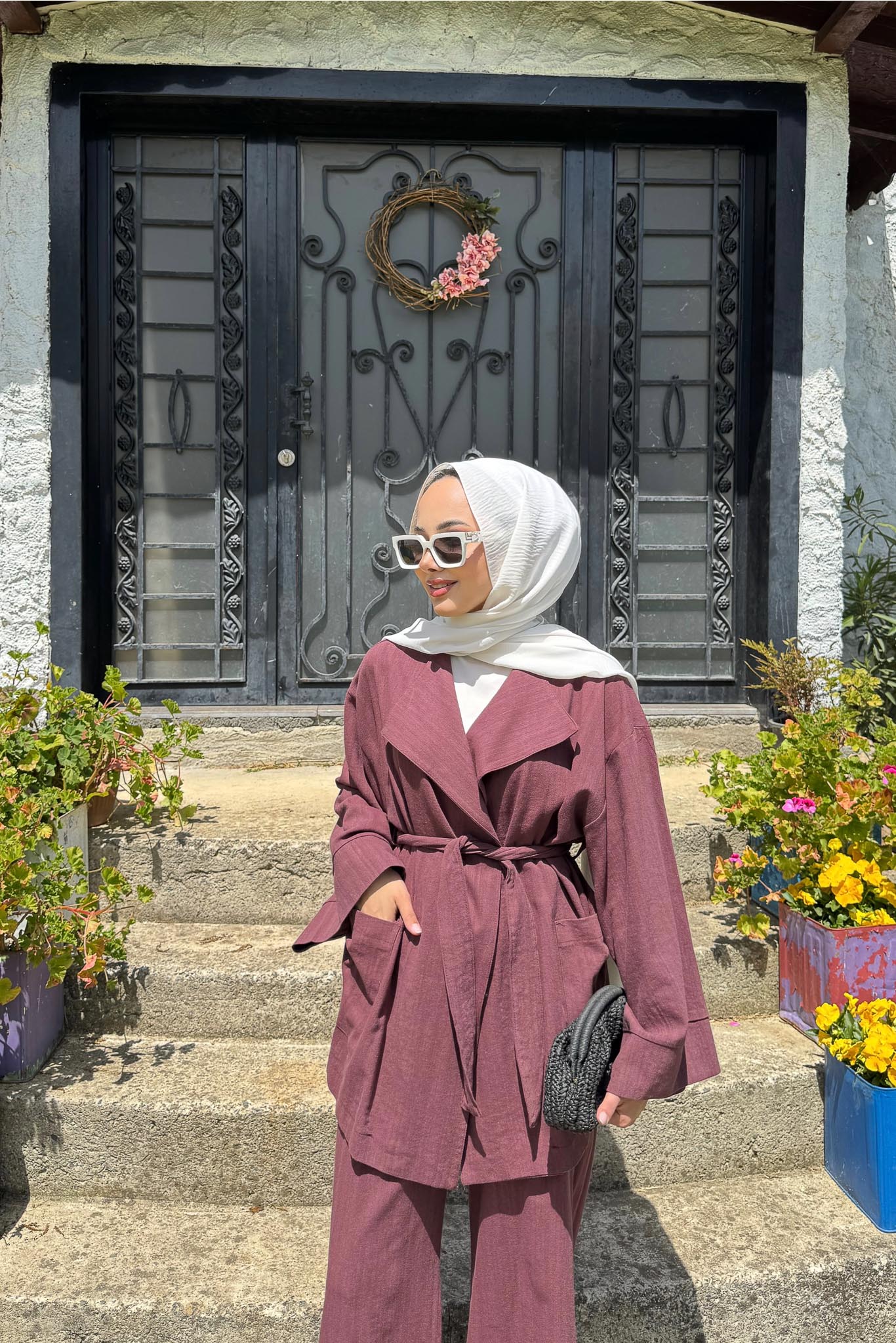 Kuşaklı Ceket Takım Mürdüm