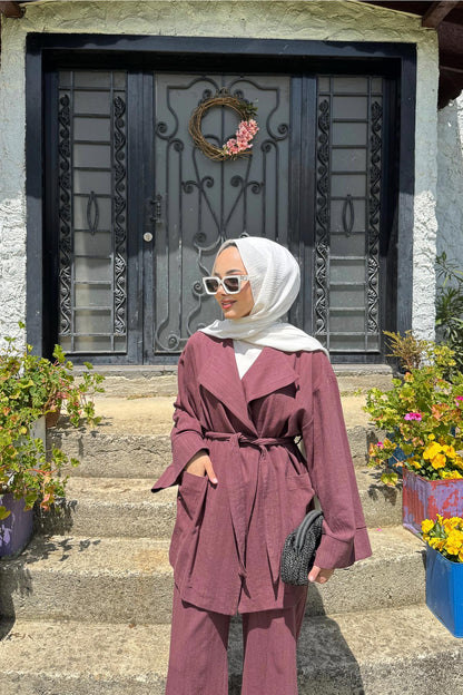 Kuşaklı Ceket Takım Mürdüm