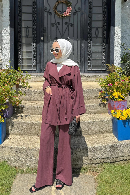 Kuşaklı Ceket Takım Mürdüm