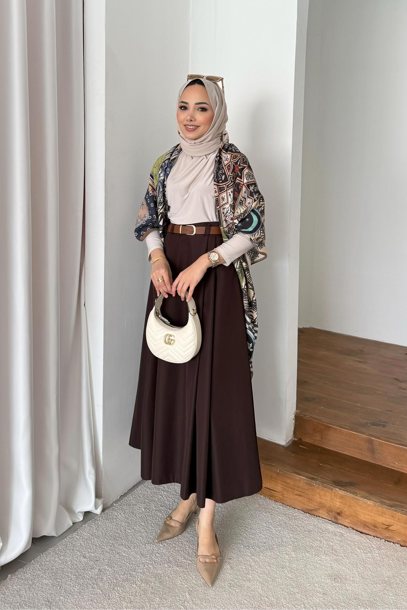 Blok Kemerli Etek Kahverengi