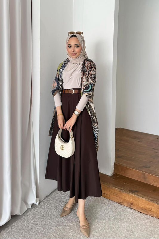 Blok Kemerli Etek Kahverengi