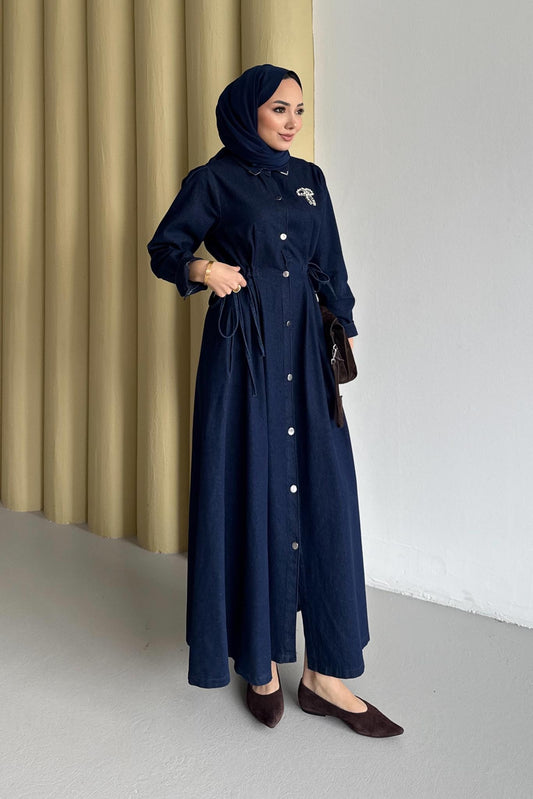 Yaka Broşlu Kot Elbise Lacivert