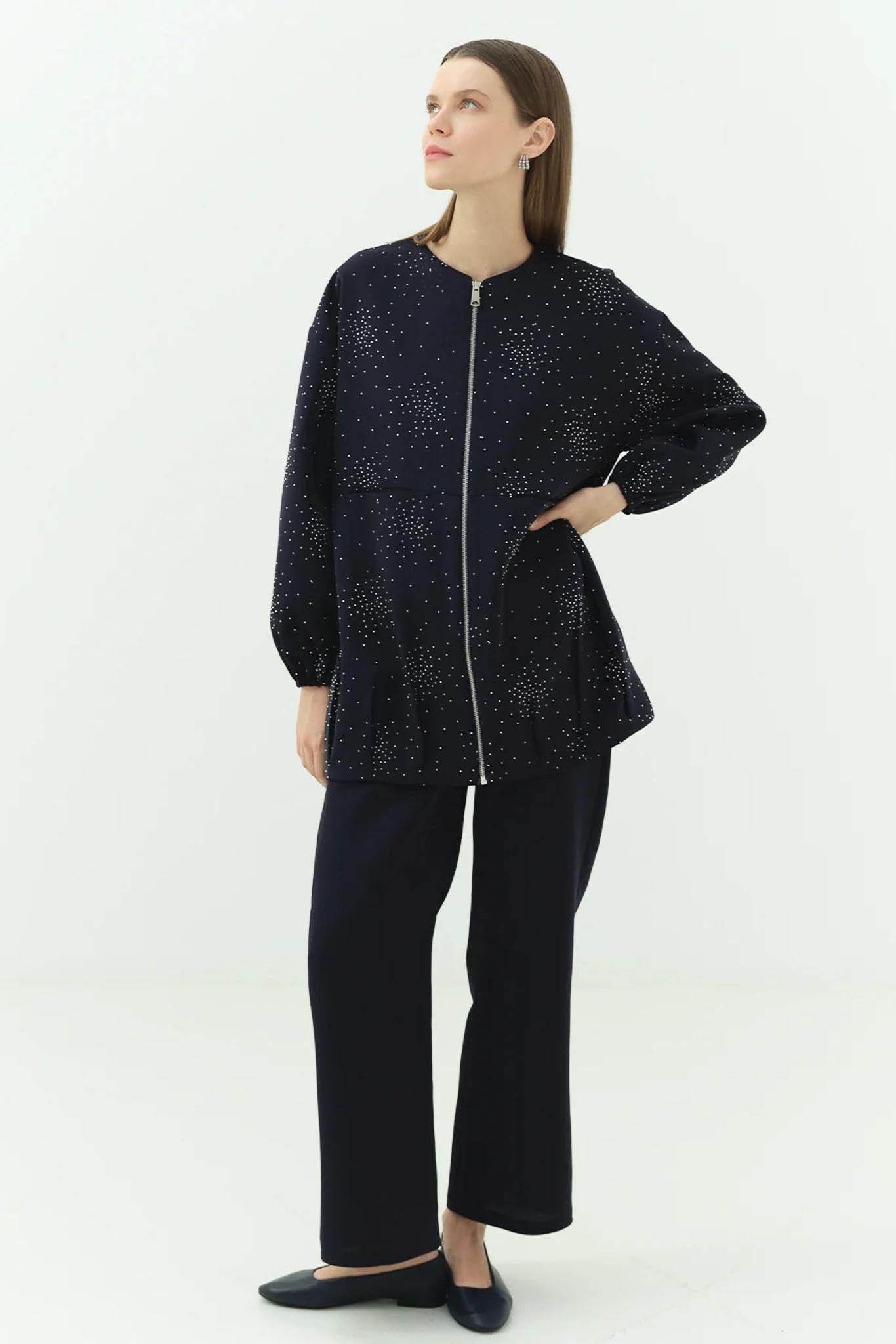 Woven Tweed Skirt Suit Navy Blue