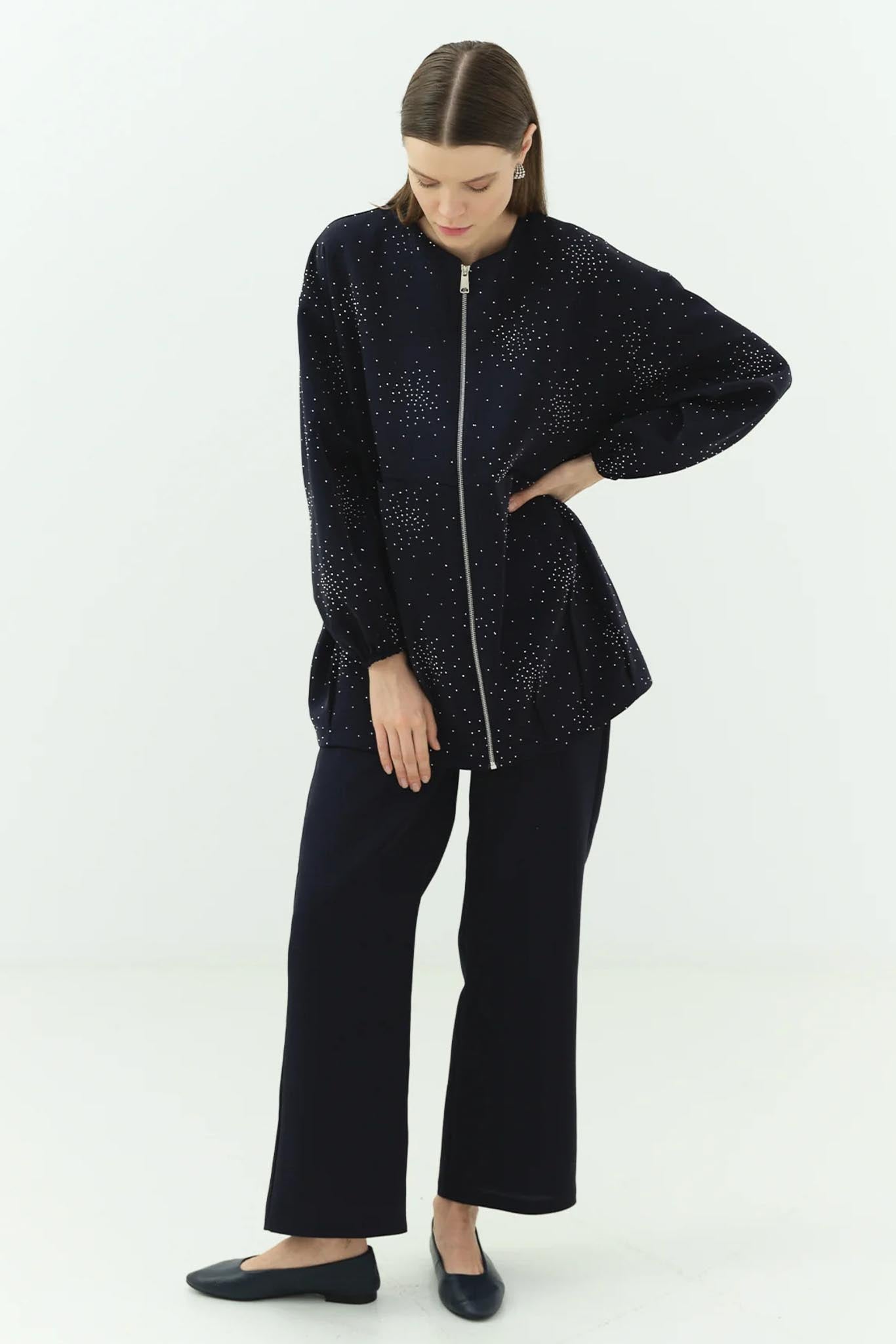Woven Tweed Skirt Suit Navy Blue