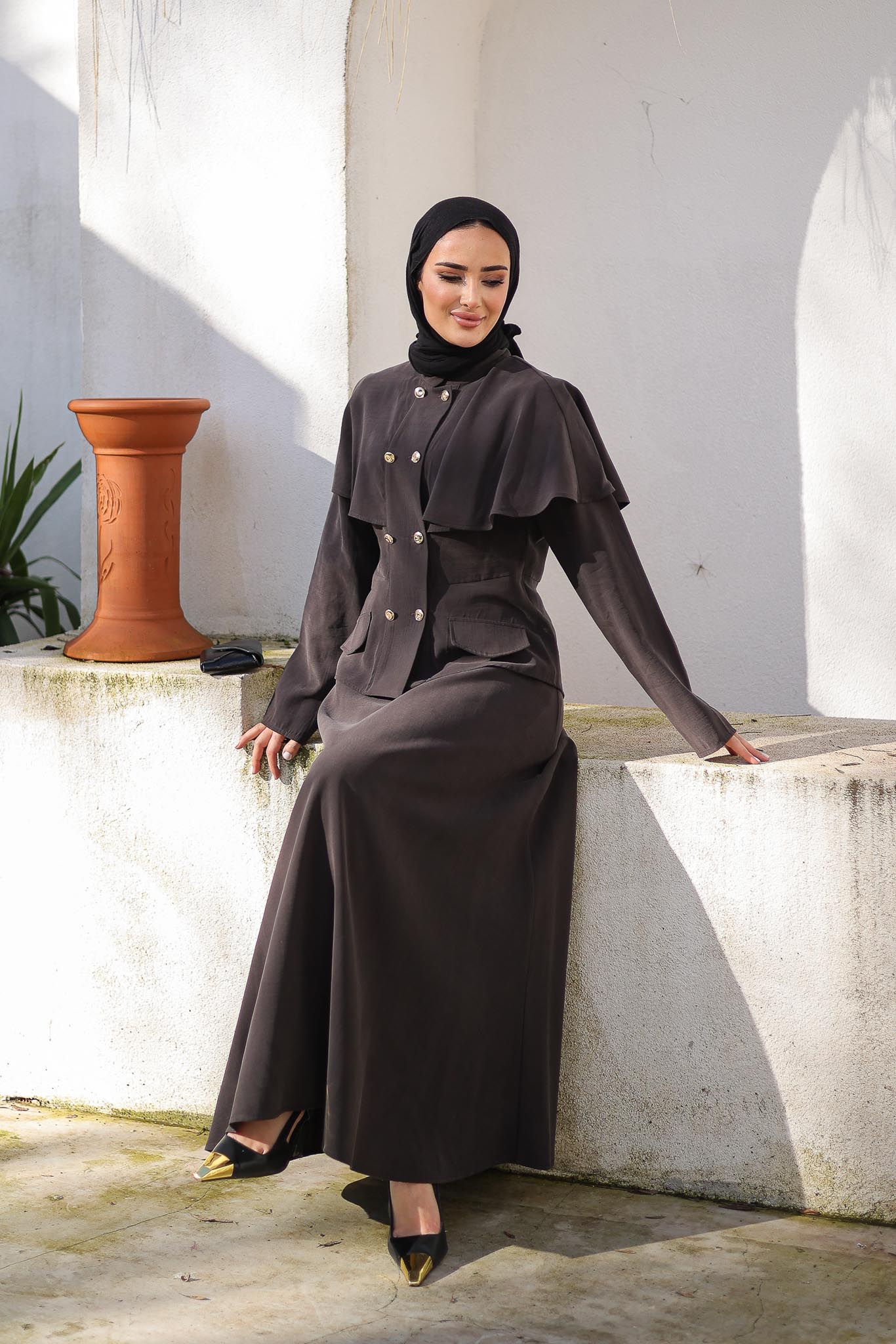 Volan Düğmeli Takım Kahverengi