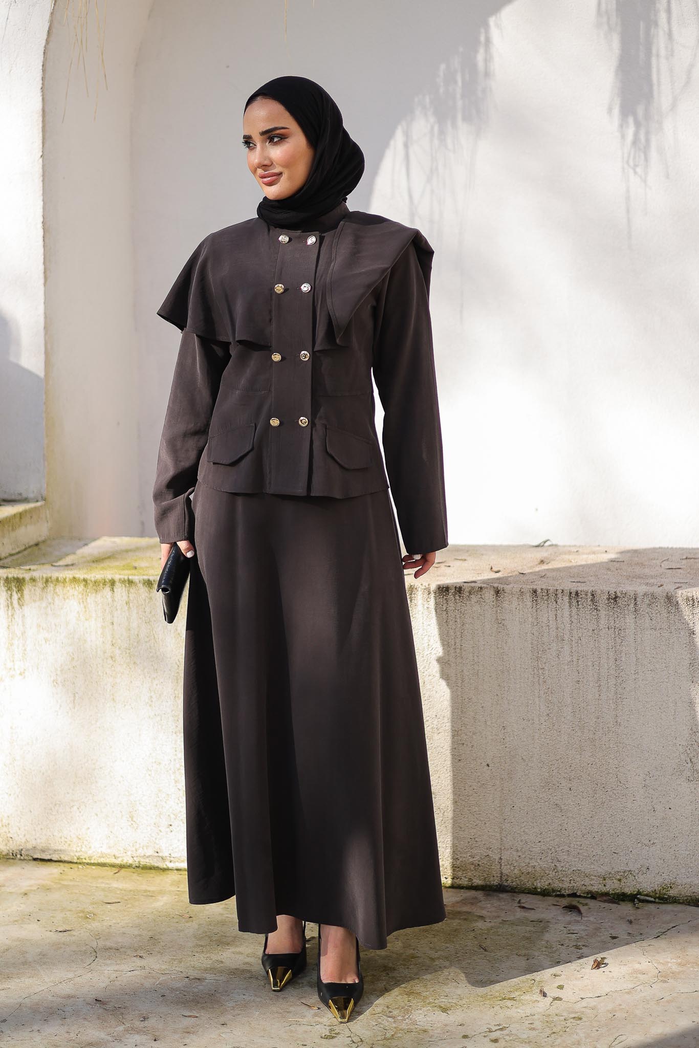 Volan Düğmeli Takım Kahverengi