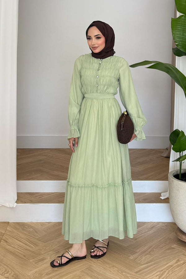 Norah Büzgülü Elbise Yeşil