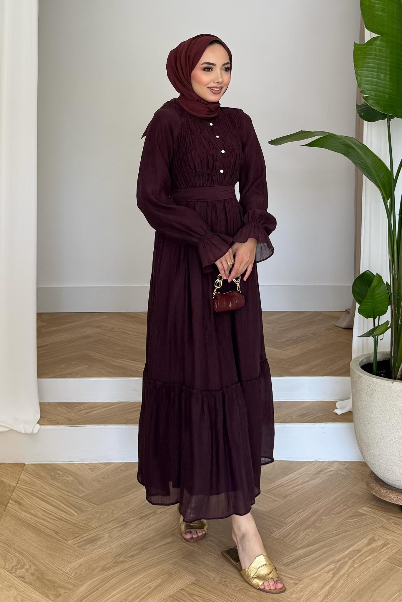 Norah Büzgülü Elbise Mürdüm
