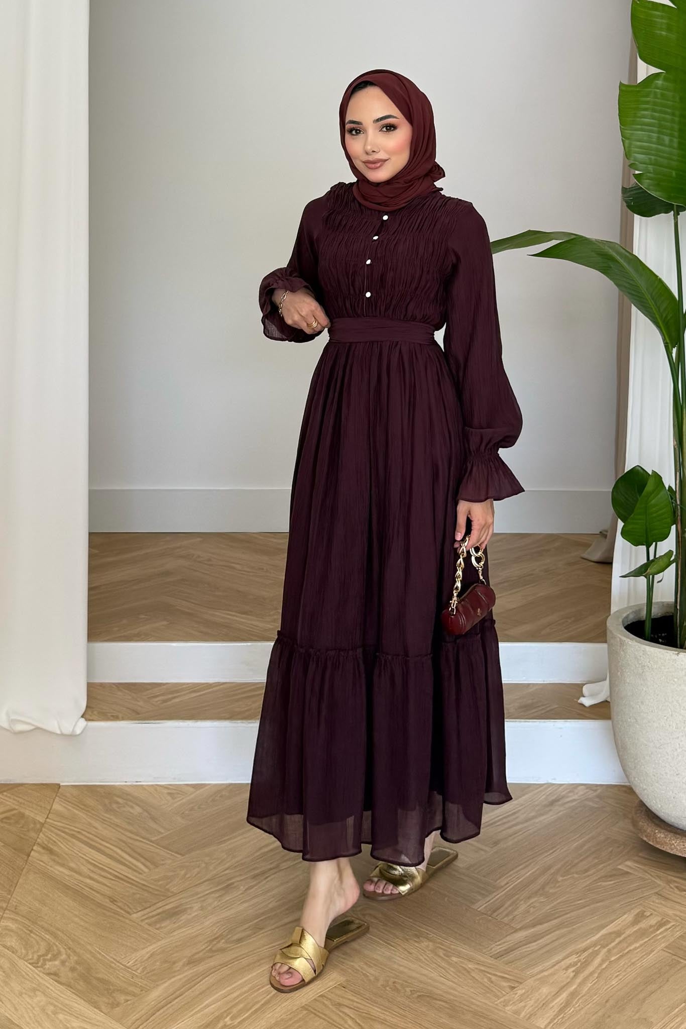 Norah Büzgülü Elbise Mürdüm