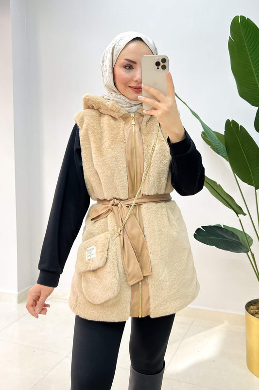 Plush Vest with Bag Camel