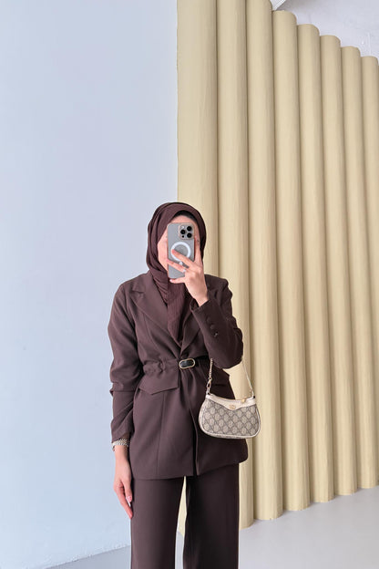 Blok Kemerli Takım Kahverengi