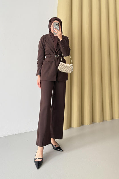 Blok Kemerli Takım Kahverengi