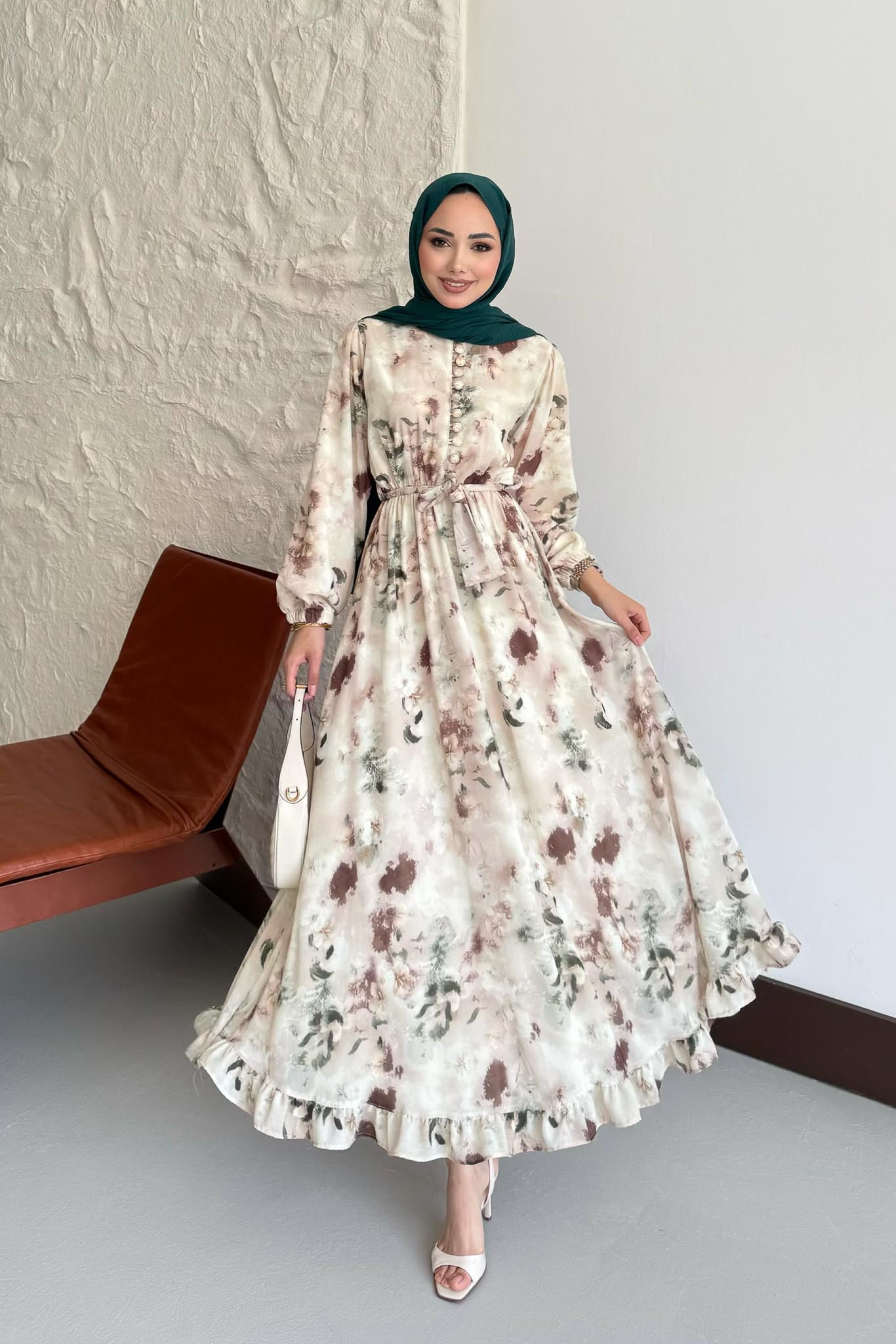 Soft Desenli Elbise Kahverengi