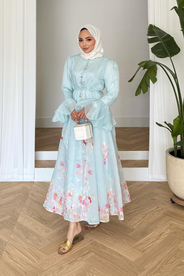 Nazen Çiçekli Elbise Mavi