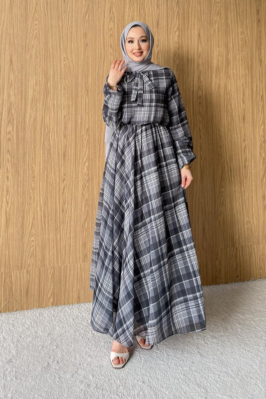 Desen Detaylı Kemerli Elbise Gri