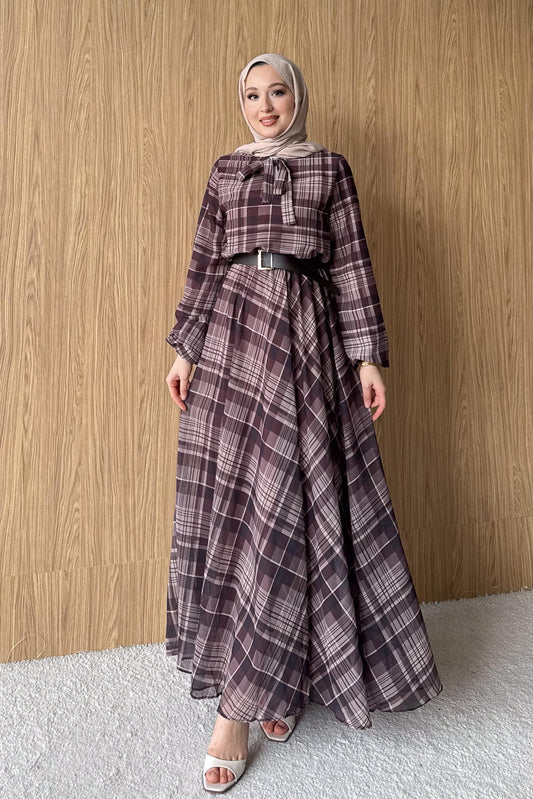 Desen Detaylı Kemerli Elbise Kahverengi