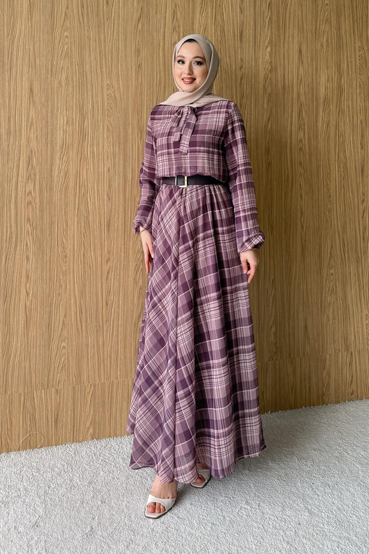 Desen Detaylı Kemerli Elbise Mürdüm