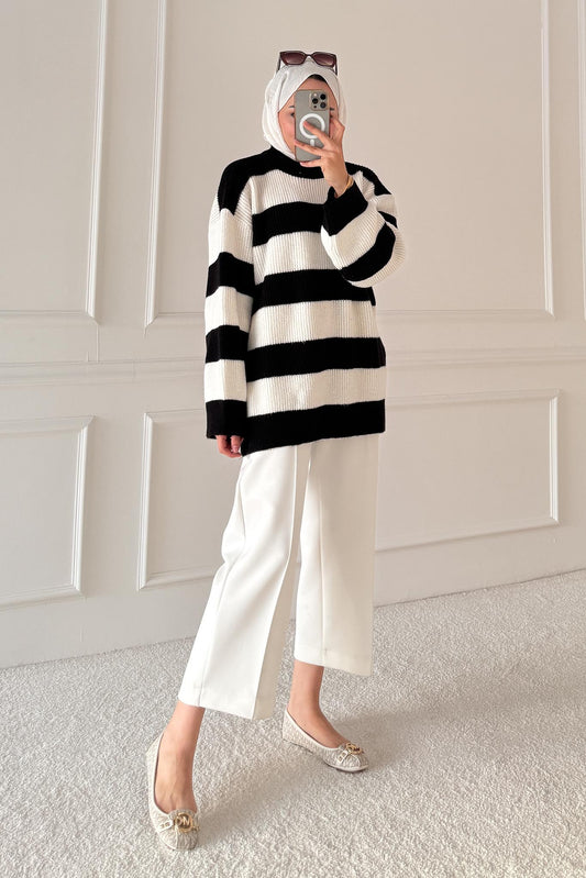 Oversize Çizgi Triko Tunik Siyah