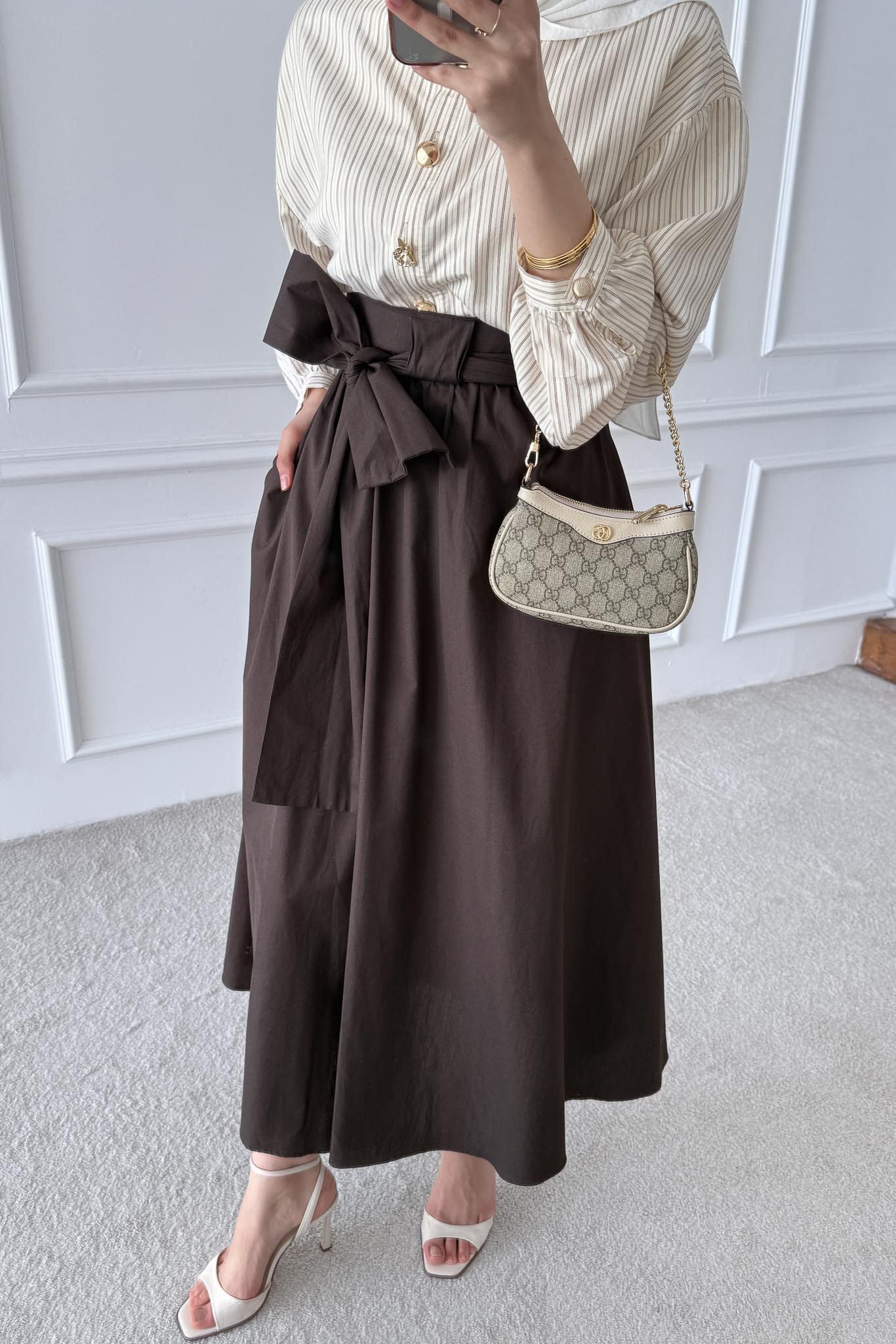 Çizgili Etekli Takım Kahverengi