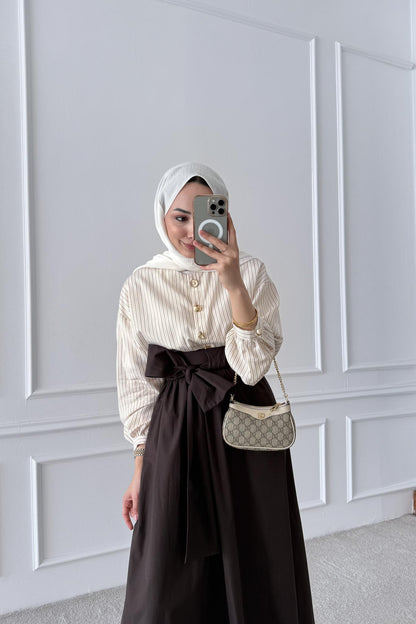 Çizgili Etekli Takım Kahverengi