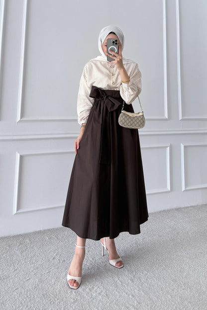 Çizgili Etekli Takım Kahverengi