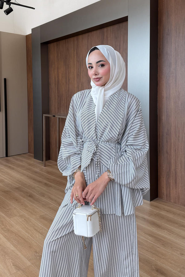 Milda Çizgili Takım Gri