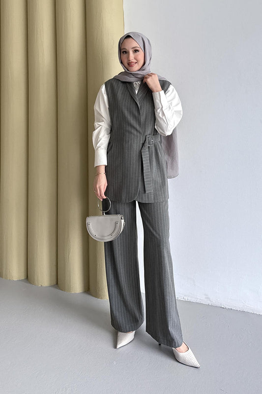 Lorasse Çizgili Takım Antrasit