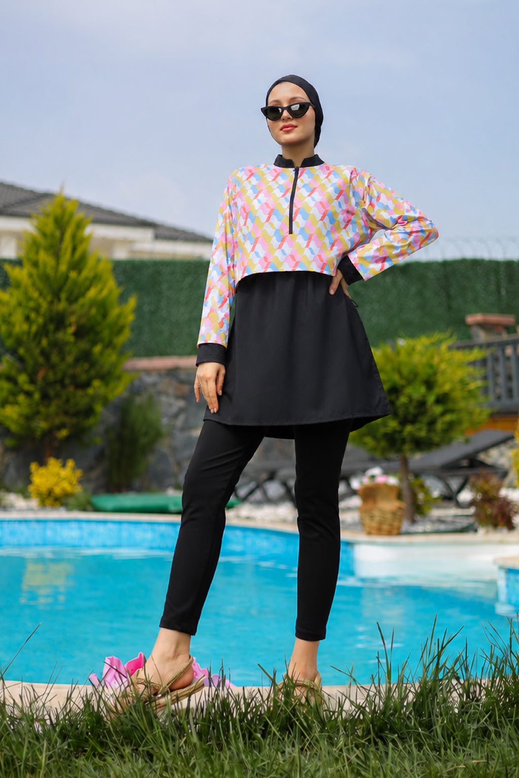 Ruffle Collar Modest Swimsuit