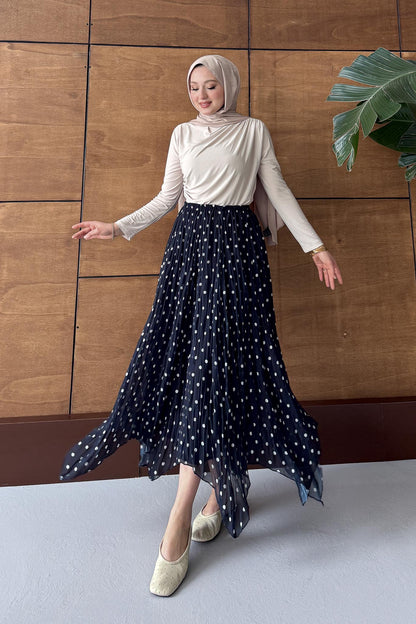 Puantiye Desenli Etek Lacivert