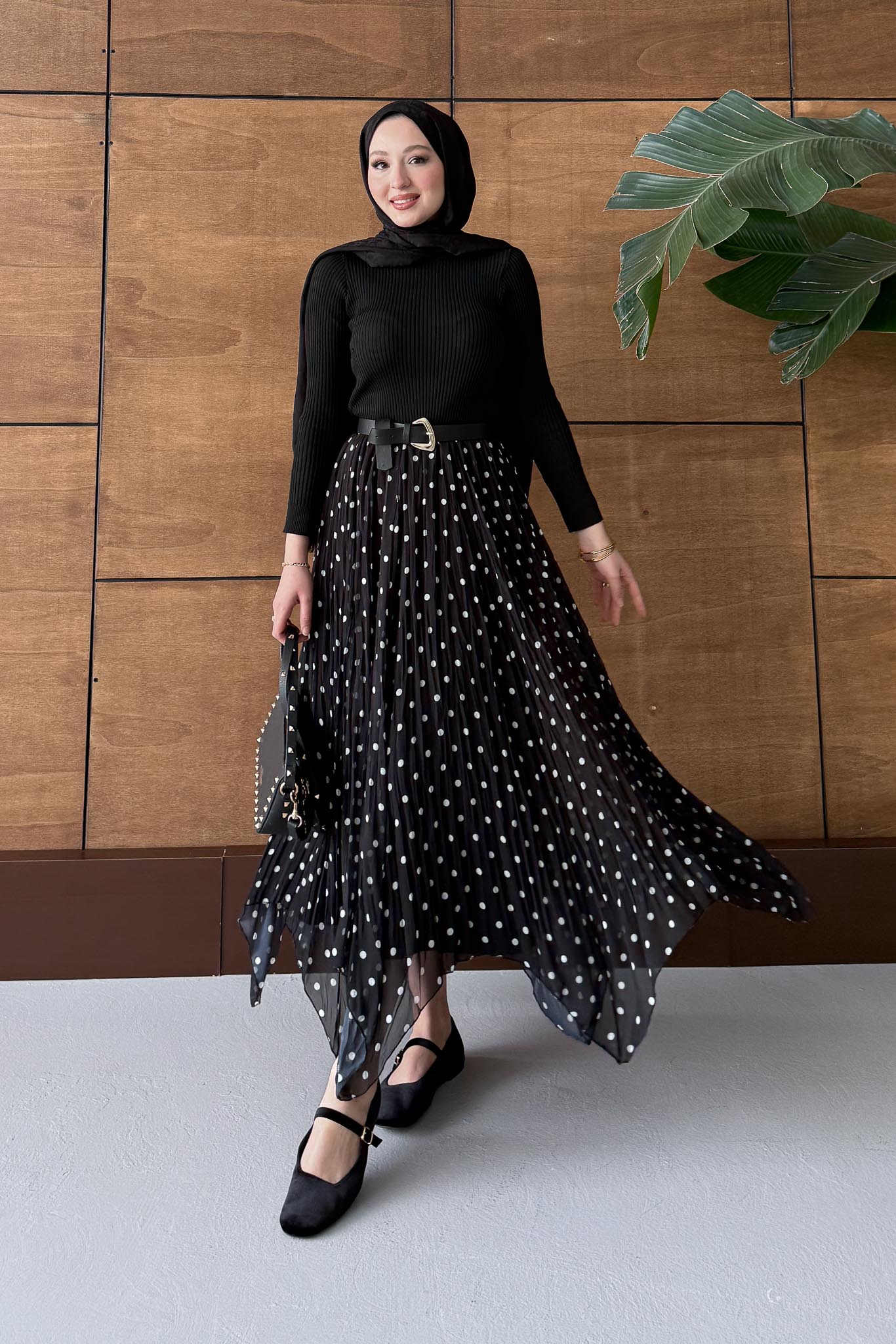 Puantiye Desenli Etek Siyah