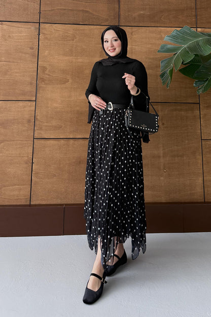 Puantiye Desenli Etek Siyah