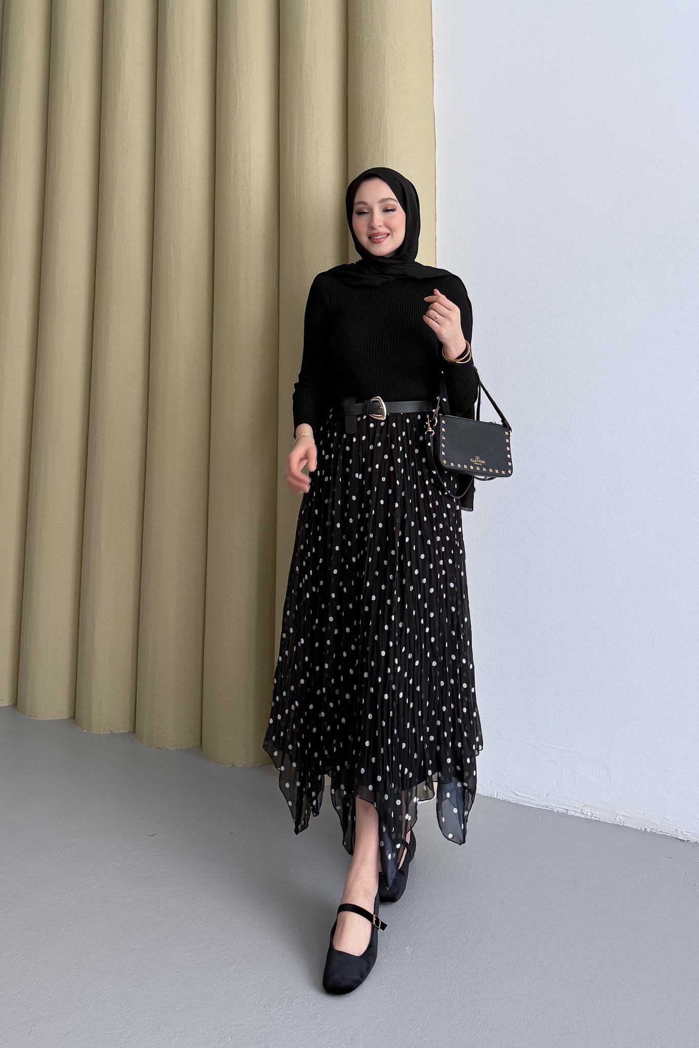 Puantiye Desenli Etek Siyah