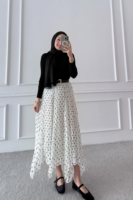 Puantiye Desenli Etek Ekru