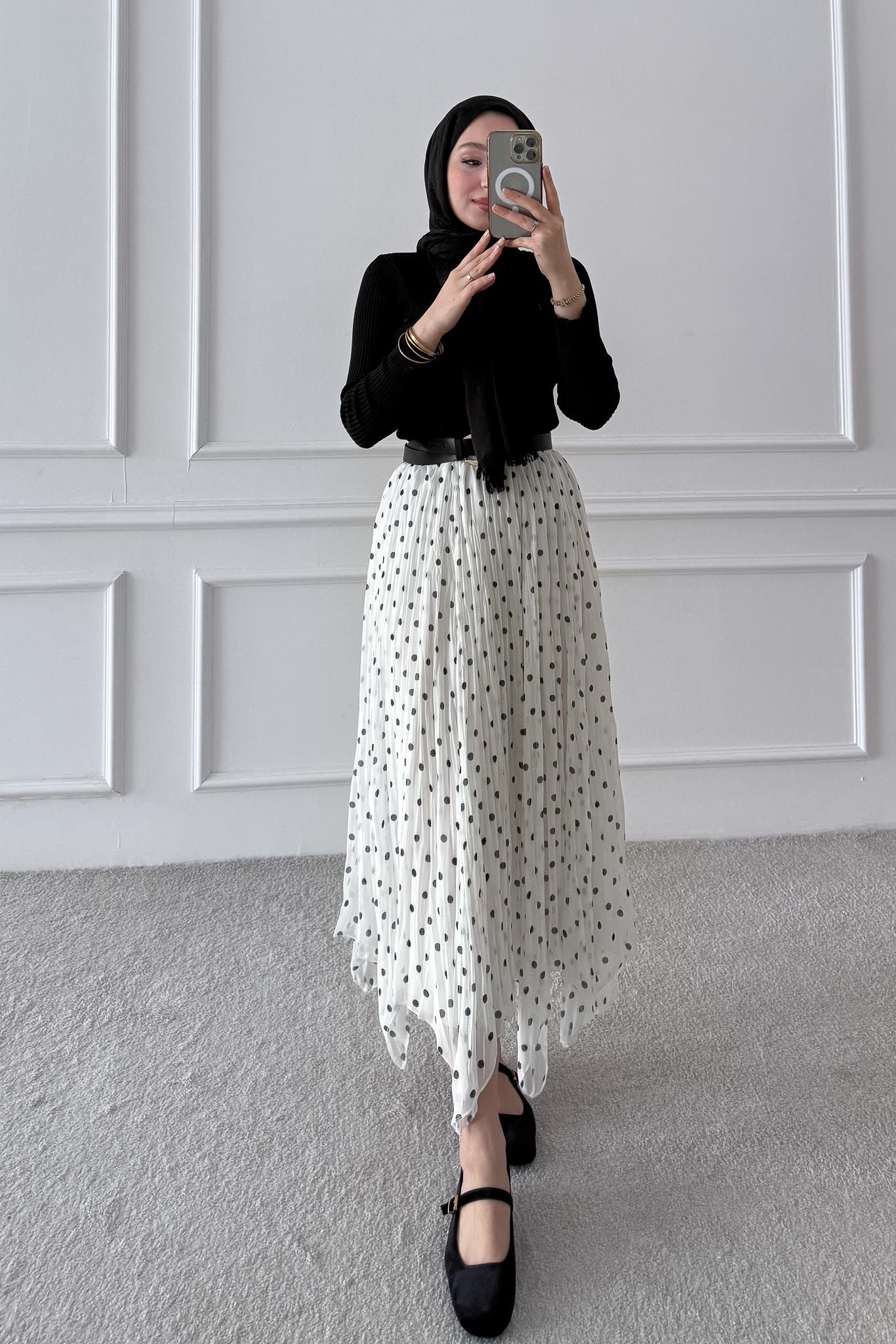 Puantiye Desenli Etek Ekru