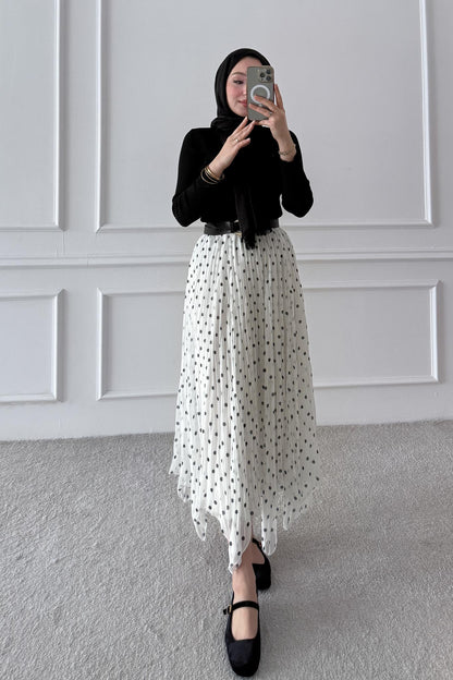 Puantiye Desenli Etek Ekru