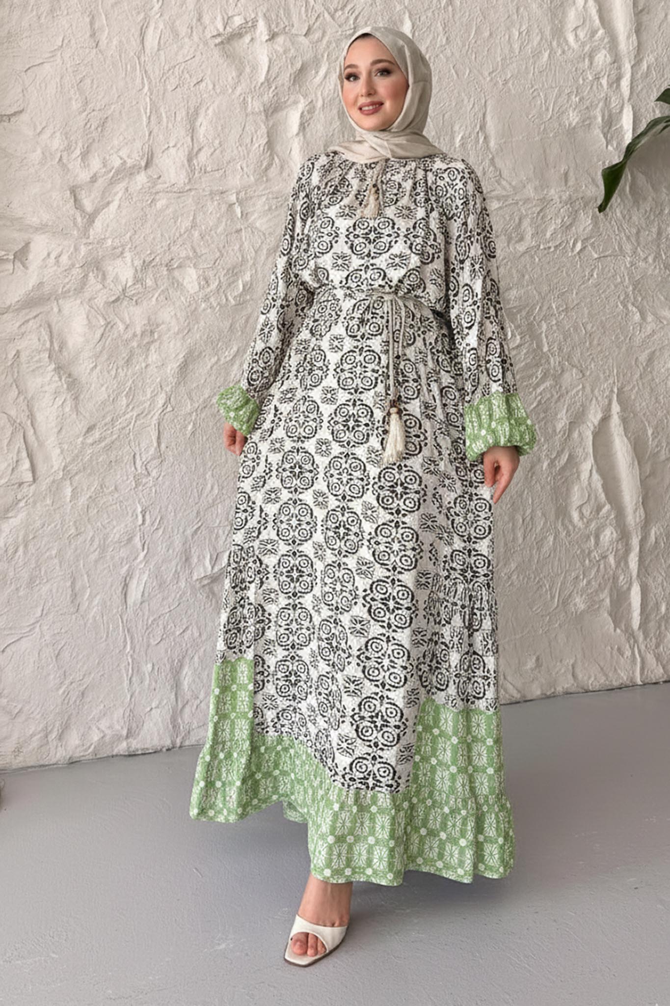 Dama Desenli Elbise Su Yeşili