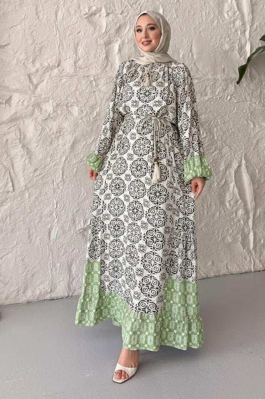 Dama Desenli Elbise Su Yeşili