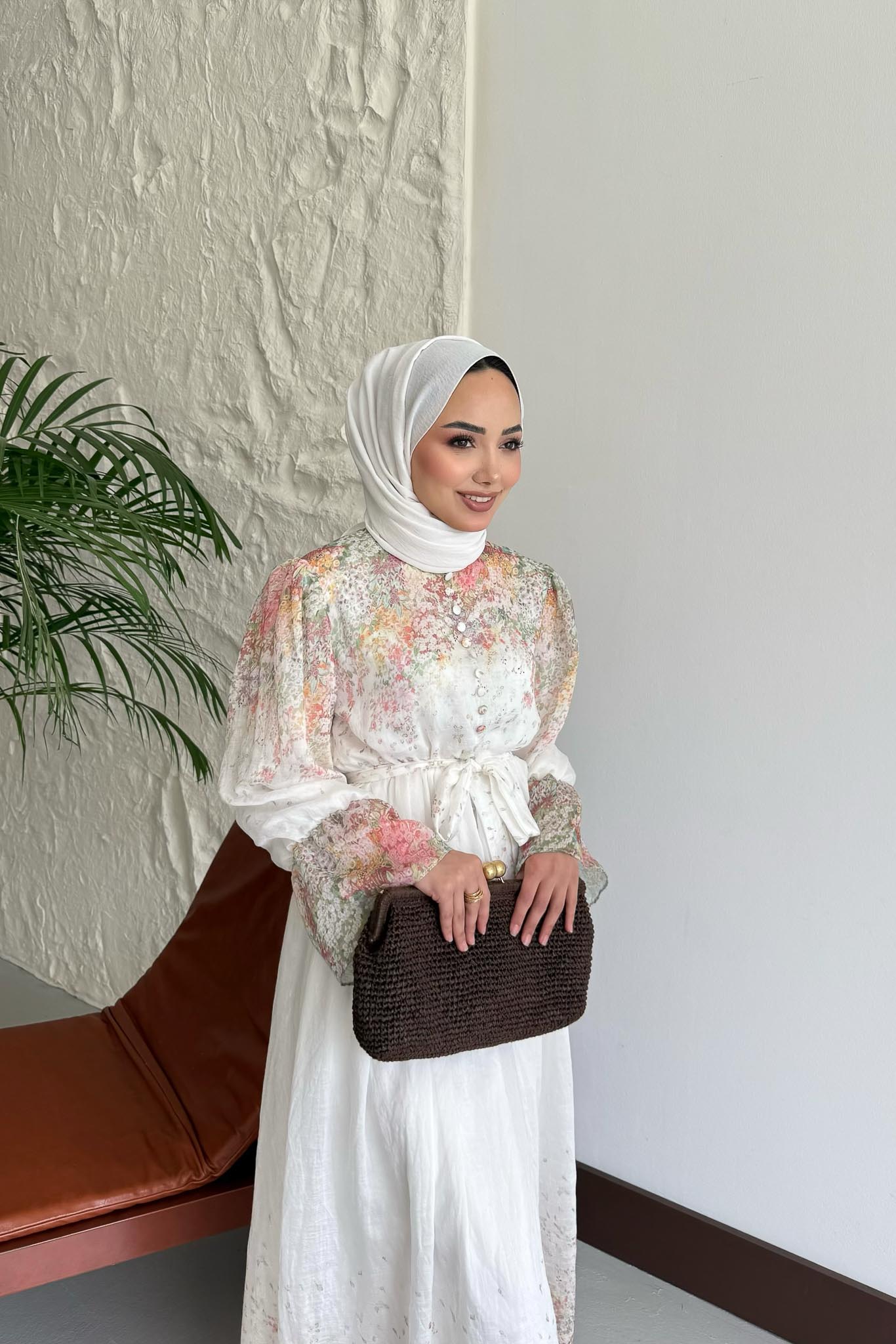 Damla Çiçek Desenli Elbise Ekru