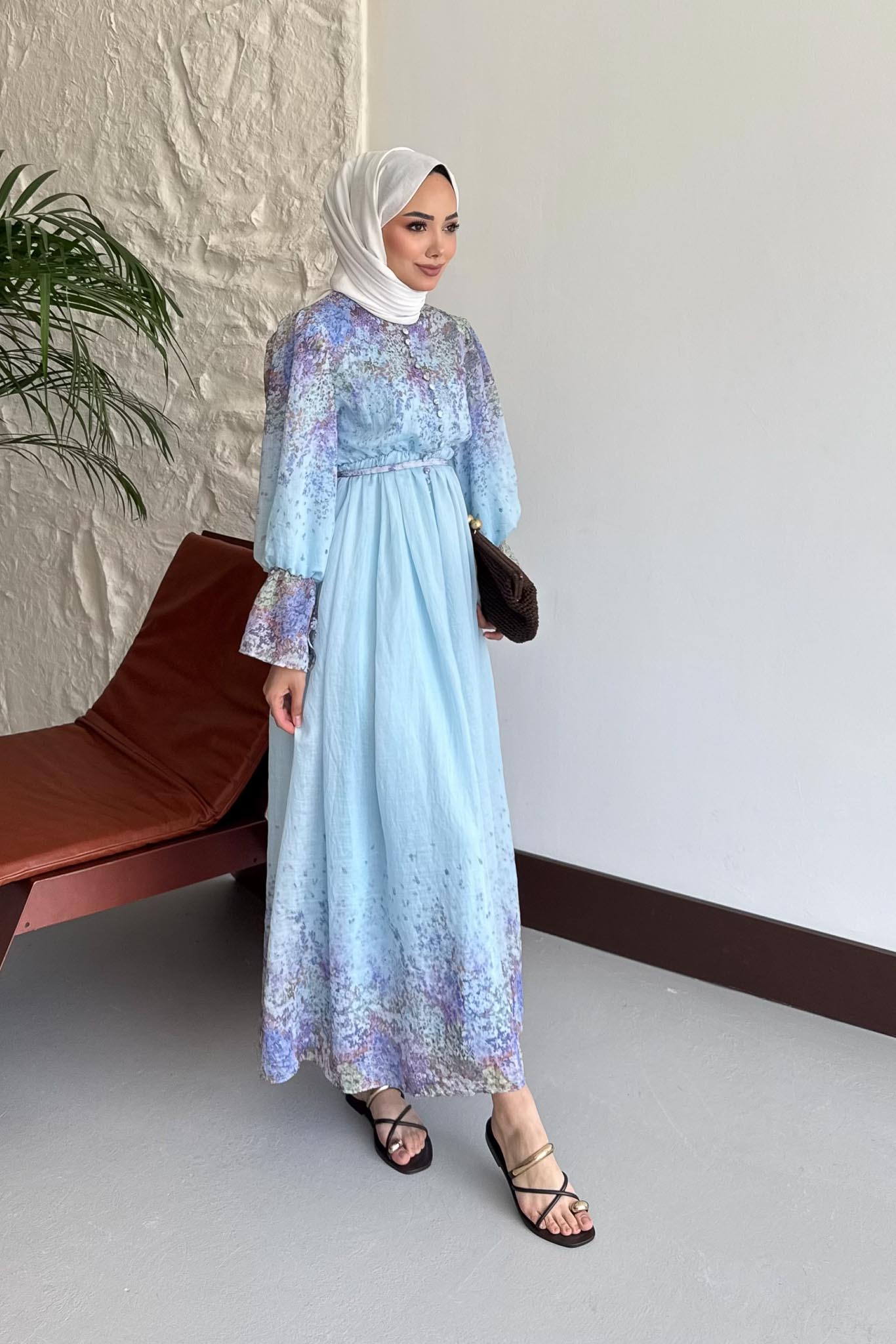 Damla Çiçek Desenli Elbise Mavi