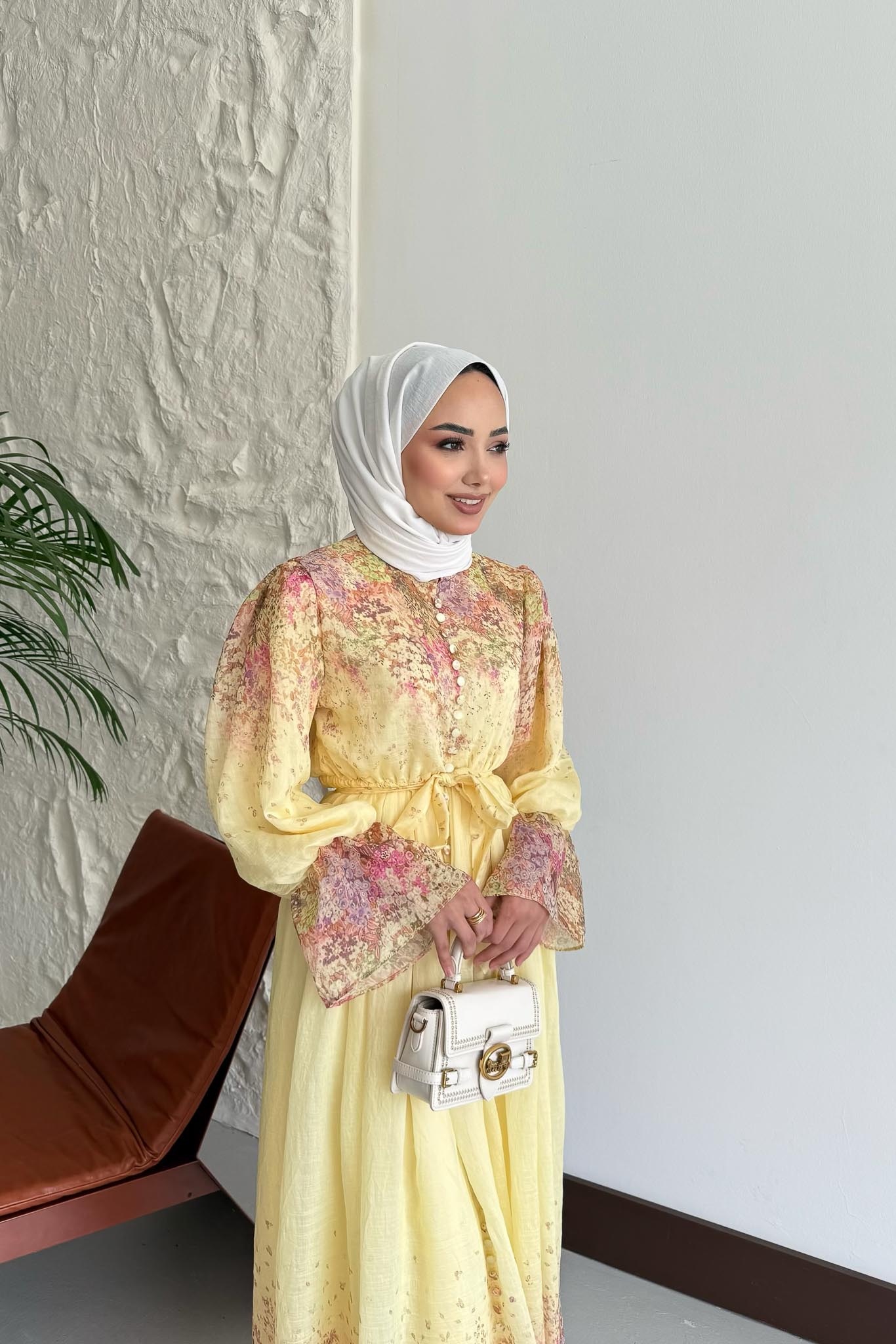 Damla Çiçek Desenli Elbise Sarı