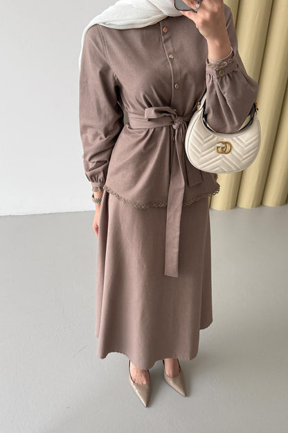 Güpür Detaylı Kot Takım Bej