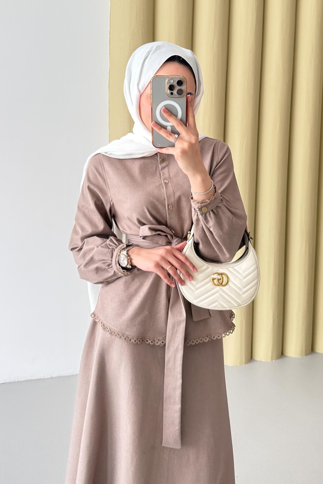 Güpür Detaylı Kot Takım Bej