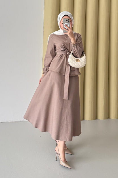 Güpür Detaylı Kot Takım Bej