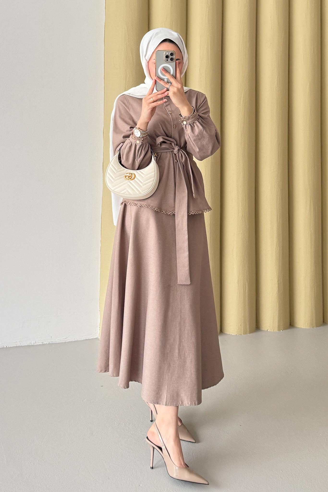 Güpür Detaylı Kot Takım Bej