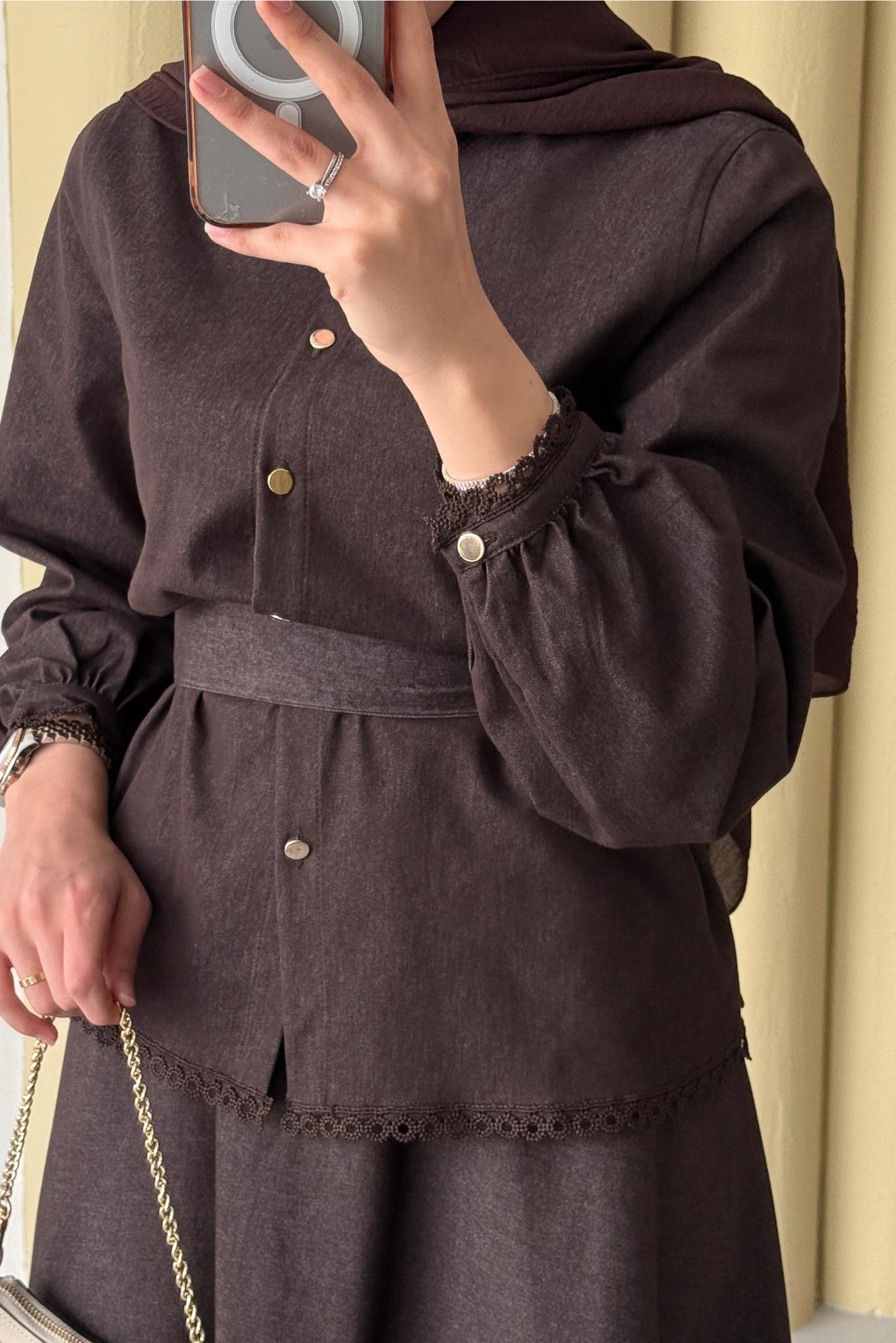 Güpür Detaylı Kot Takım Kahverengi