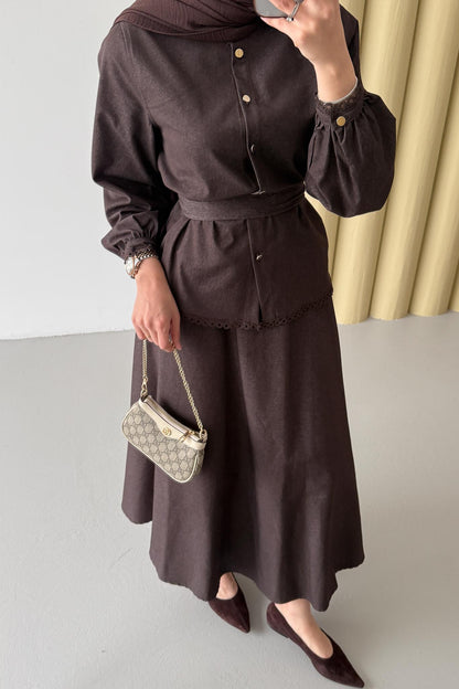 Güpür Detaylı Kot Takım Kahverengi