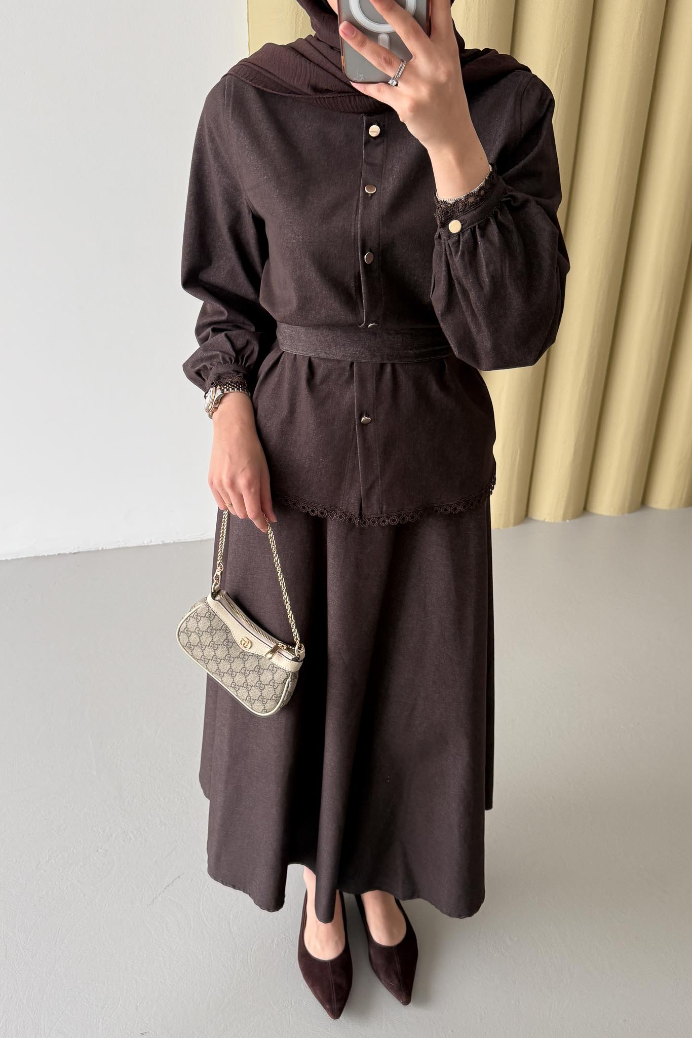 Güpür Detaylı Kot Takım Kahverengi