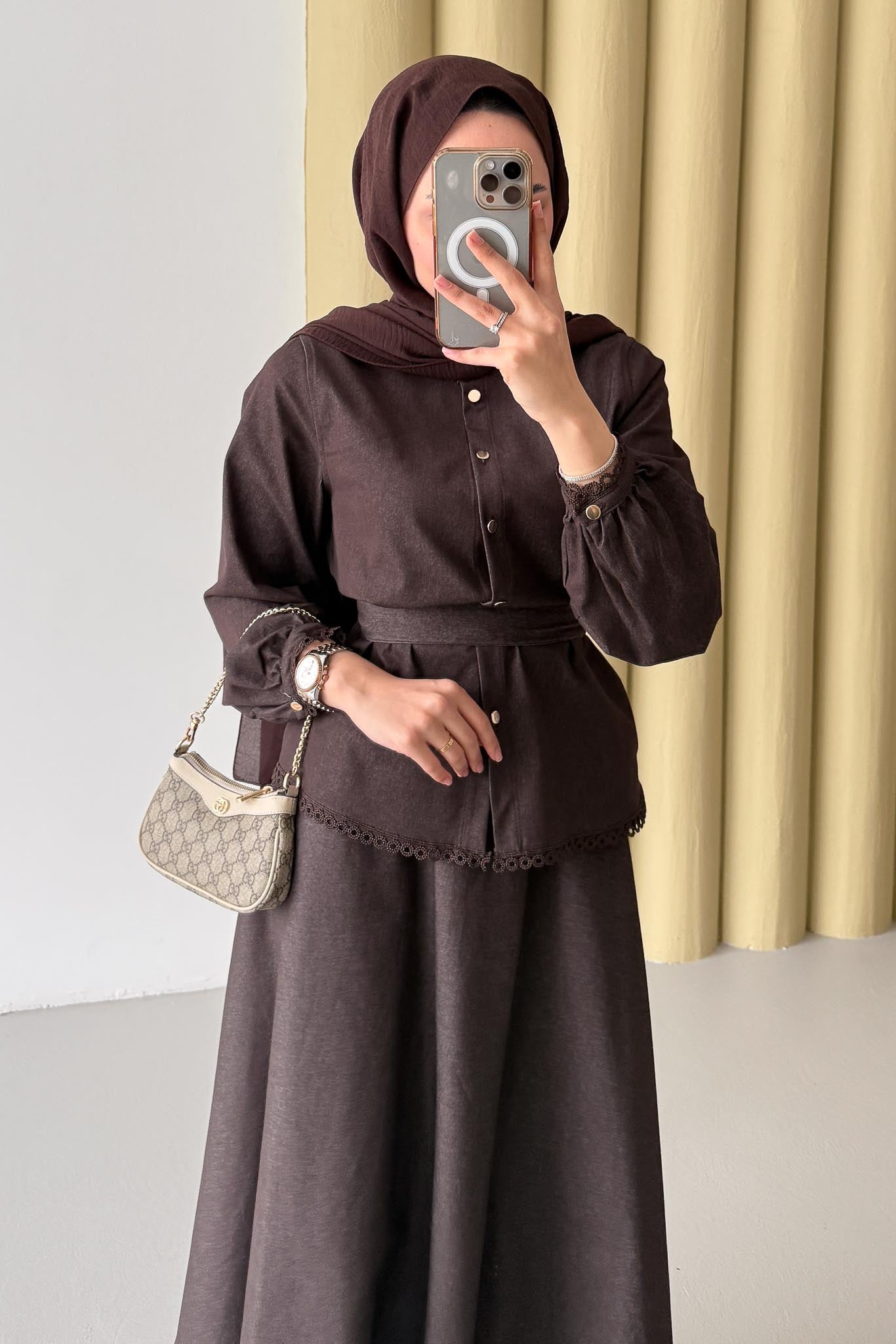 Güpür Detaylı Kot Takım Kahverengi